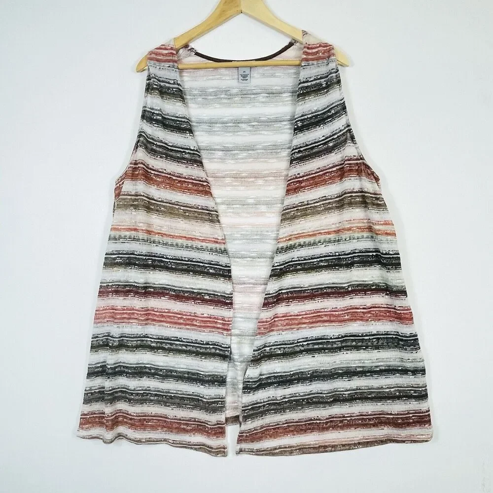 Catherines‎ Sweater Vest Womens 2X Brown Olive Ivory Stripe Knit Earthy Boho